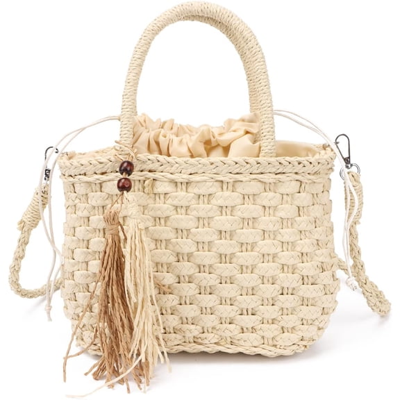 Straw Handbag Tote for Women Summer Beach Drawstring Rattan Bucket Bag Handmade Woven Hobo Shopping Purse