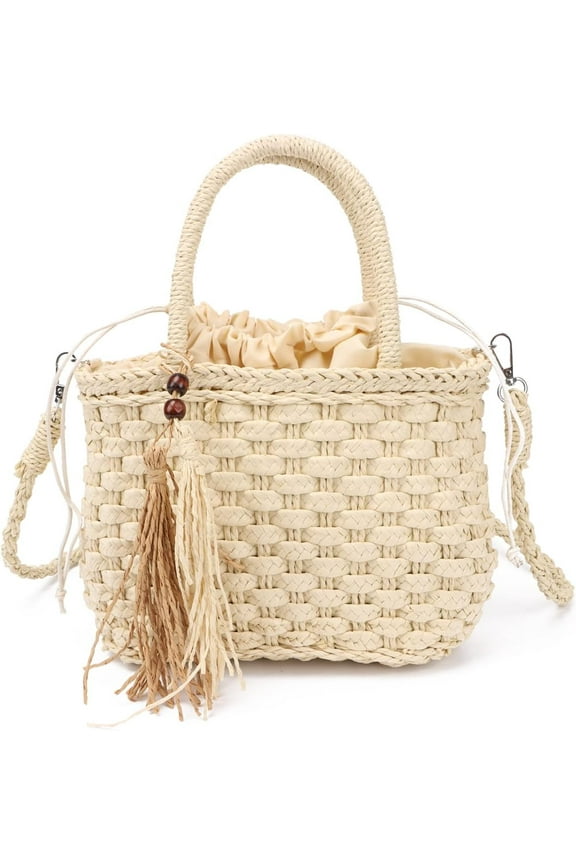Straw Handbag Tote for Women Summer Beach Drawstring Rattan Bucket Bag Handmade Woven Hobo Shopping Purse