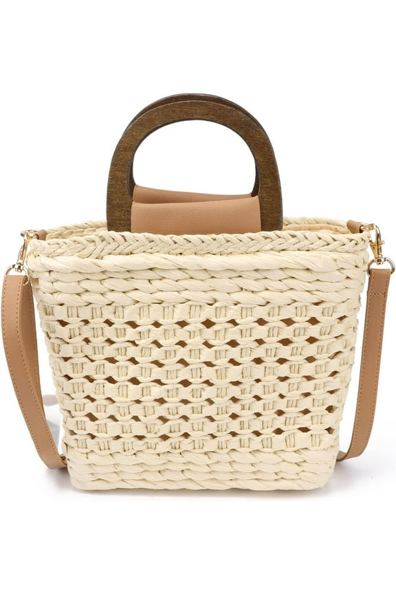 Straw Handbag Tote for Women Summer Beach Drawstring Rattan Bucket Bag Handmade Woven Hobo Shopping Purse