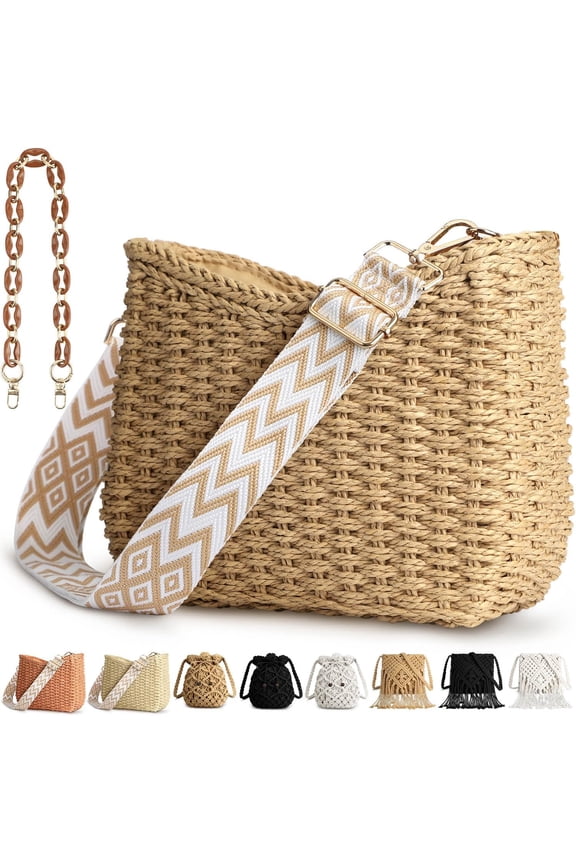 Straw Handbags Purses Crossbody Pocketbook Bag Casual Woven Beach Bags Summer Hobo Hippie Chic Tote Bags with Chain