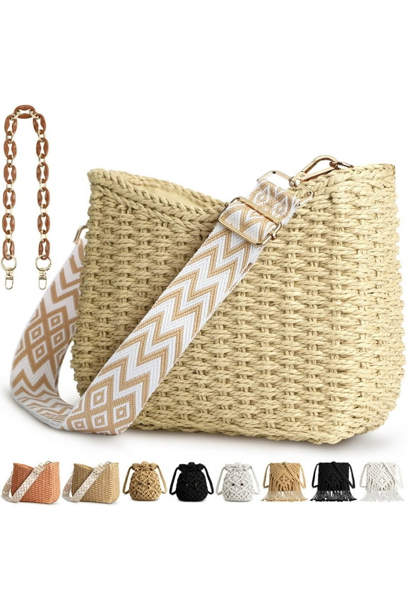 Straw Handbags Purses Crossbody Pocketbook Bag Casual Woven Beach Bags Summer Hobo Hippie Chic Tote Bags with Chain