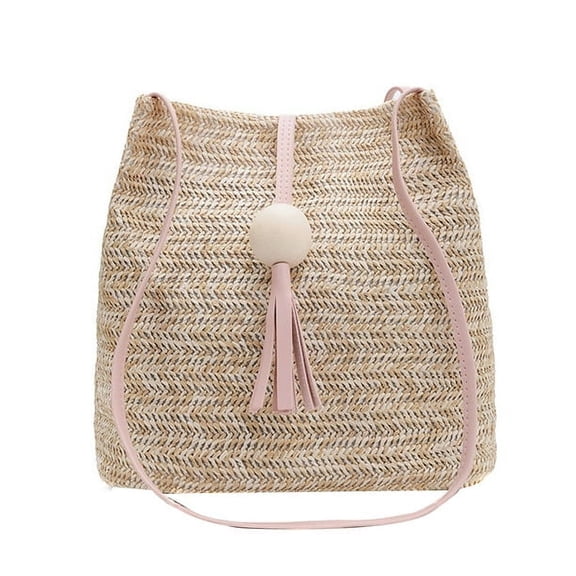 Straw Handbags，Round Summer Straw Bag Large Weave Tassel Handbag Beach Shoulder Bag Career Handbag Travel Bag for Women，Pink