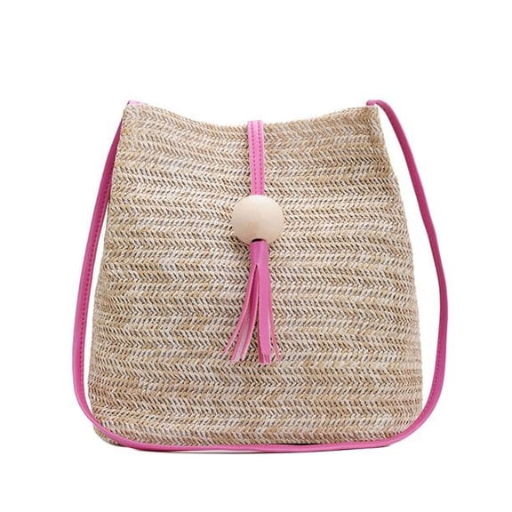 Straw Handbags，Round Summer Straw Bag Large Weave Tassel Handbag Beach Shoulder Bag Career Handbag Travel Bag for Women，Rose Red