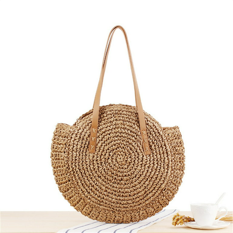 Straw Handbags Women Handwoven Round Corn Straw Bags Natural Chic Hand  Large Summer Beach Tote Woven Handle Shoulder Bag