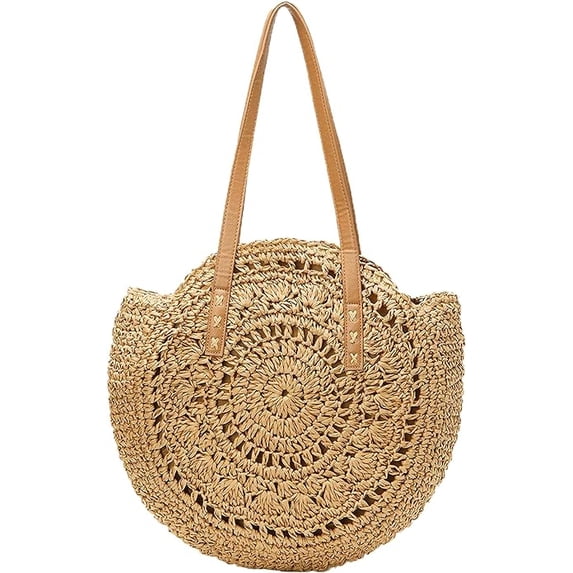 Straw Handbags Women Handwoven Round Corn Straw Bags Natural Chic Hand Large Summer Beach Tote Woven Handle Shoulder Bag