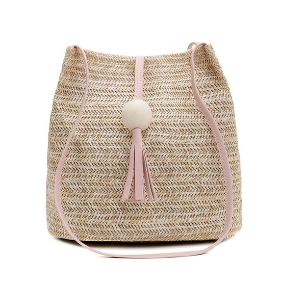 Straw Handbags Women's Summer Beach Straw Bucket Tote Bag Straw Woven Handbag Tassel Shoulder Bag Purse