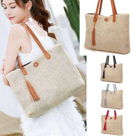 Straw Handbags Women's Summer Beach Straw Bucket Tote Bag Straw Woven Handbag Tassel Shoulder Bag Purse