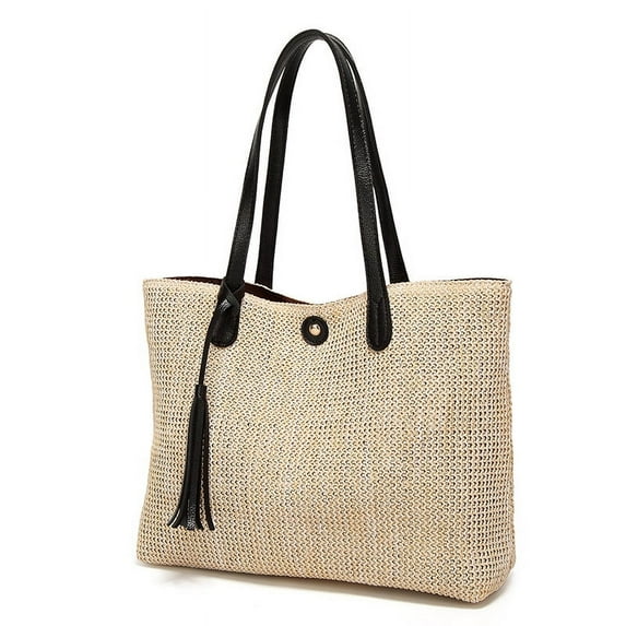 Straw Handbags Women's Summer Beach Straw Bucket Tote Bag Straw Woven Handbag Tassel Shoulder Bag Purse