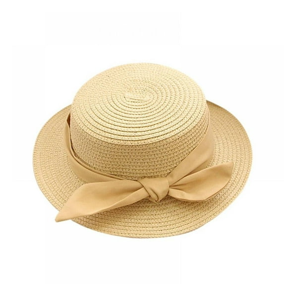 Straw Hat, Audhol Little Girl Kids Breathable Summer Hat Foldable Bowknot Wide Brim Floppy Beach Sun Visor Hats Straw Hats for Men Beige B