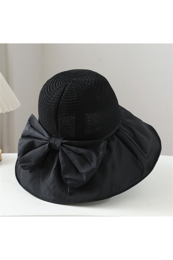 Straw Hat with Bow Only Moment Beach Sun Straw Hats for Women Blended Fabric Straw Beach Hat Uv Sun Protection, Foldable Bowknot Sun Beach Hats Summer Hat Black,M