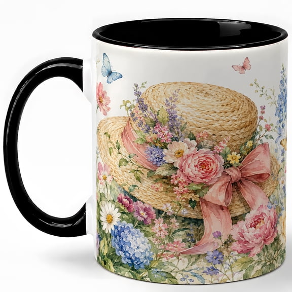 Straw Hat Floral Coffee Mug, Watercolor Summer Garden Hat with Bow, 11 oz Ceramic Cup