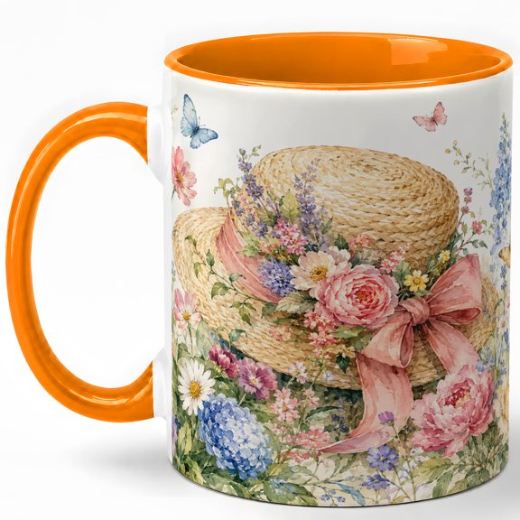 Straw Hat Floral Coffee Mug, Watercolor Summer Garden Hat with Bow, 11 oz Ceramic Cup