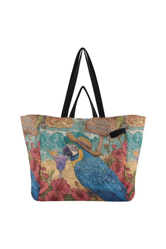 Straw Hat Parrot Canvas Tote Bag Large Capacity Reusable Tote with Double Handles, Foldable Heavy Duty Shopping Beach Laundry Bag, 32L