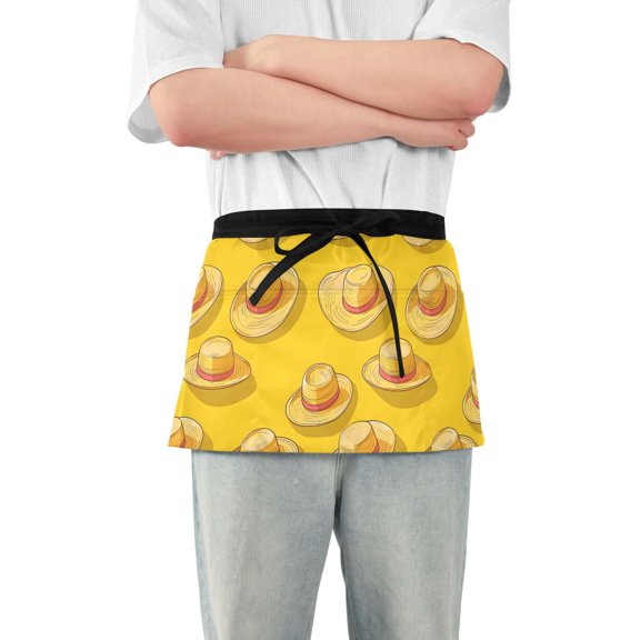 Straw Hat Server Apron with 3 Pockets Waterproof Waitress Waist Short Apron for Man Woman 12 Inches