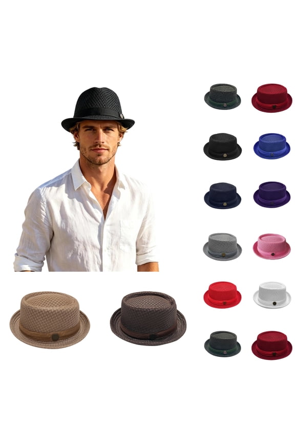 Straw Hat Summer Breathable Mesh Pork Pie Hat for Men and Women, Vintage Bowler Cap, Vintage Gentleman Band Cap Beach Outdoor Travel Party Classic Jazz Bowler Hats