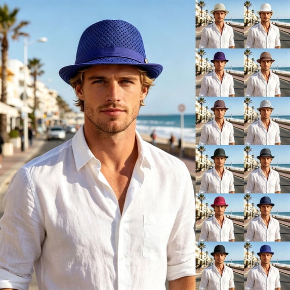 Straw Hat Summer Breathable Mesh Pork Pie Hat for Men, Lightweight Packable Sun Protection Beach Outdoor Jazz Cap, Classic Bowler Hat Travel Party