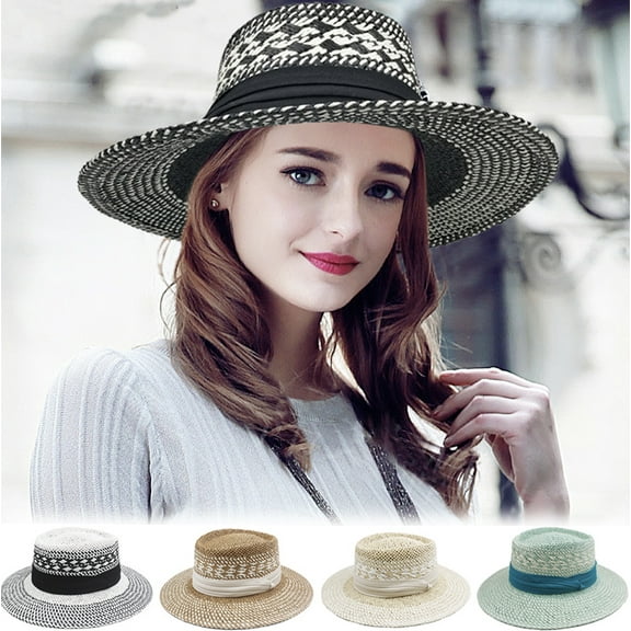 Straw Hat Summer Floppy Packable Panama Fedora Beach Sun Hat UPF 50+ Wide Brim Hat
