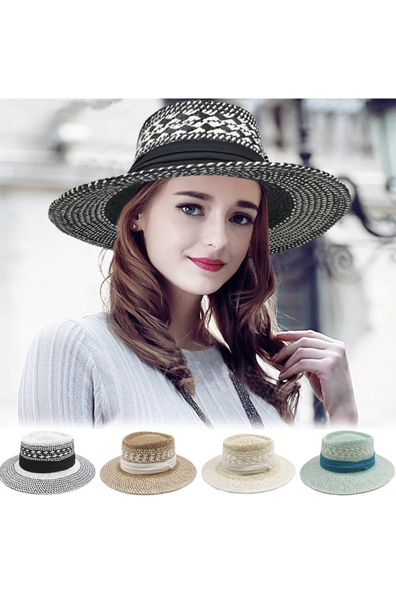 Straw Hat Summer Floppy Packable Panama Fedora Beach Sun Hat UPF 50+ Wide Brim Hat