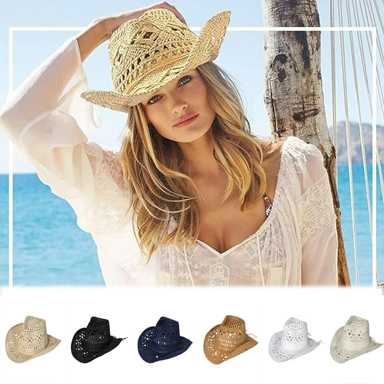 YEAUEME Women Straw Cowboy Hats Western Cowgirl Hat for Holiday Collapsible Vacation Beach Sun Hat with Wide Brim for Summer Walmart