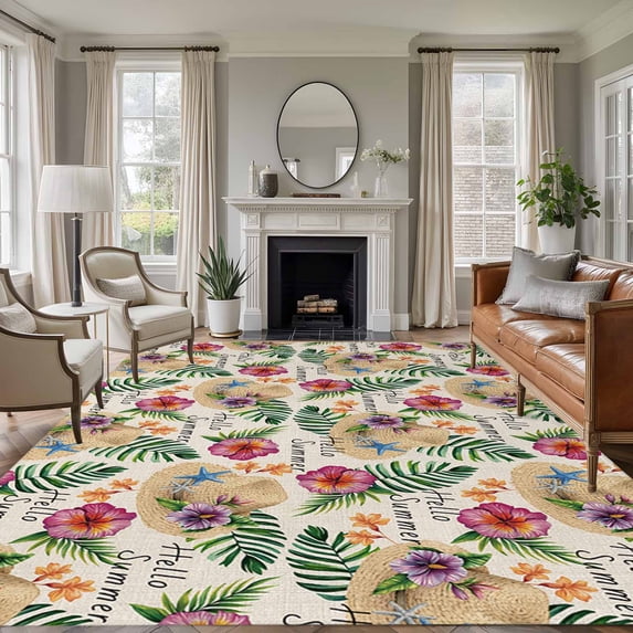 Straw Hat Washable Living Room Rugs 5'x7', Tropical Plants Red Flowers Summer Vintage Linen Low Pile Throw Large Area Rugs Non-Slip Sturdy Edge Binding Carpet for Dining Room Bedside Kitchen
