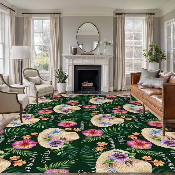 Straw Hat Washable Living Room Rugs 5'x8', Tropical Plants Red Flowers Summer Green Back Low Pile Throw Large Area Rug Non-Slip Sturdy Edge Binding Carpet for Living Room Kitchen Office