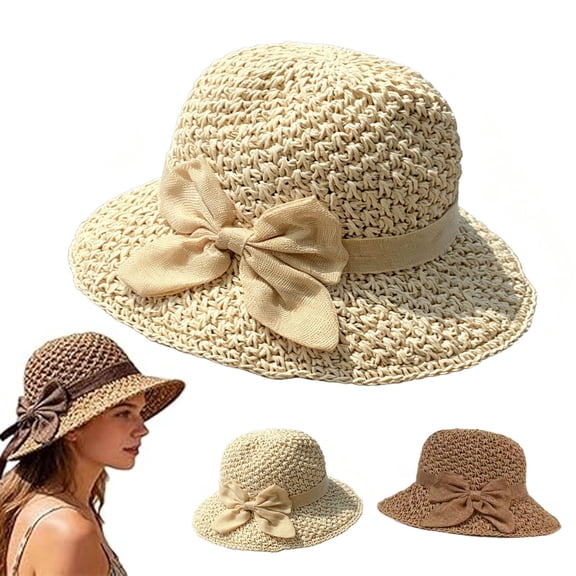 Straw Hats Versatile Retro Women Handmade Straw Hat with Ruffled Bow, Foldable Breathable