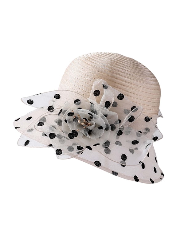 Straw Hats for Women , Packable Sun Hat , Womens Hats Fashion Elegant Sheer Polka Dot Flower Bucket Sun Hat For Women Spring Summer Outdoor Breathable Wide Brim Sun Cap