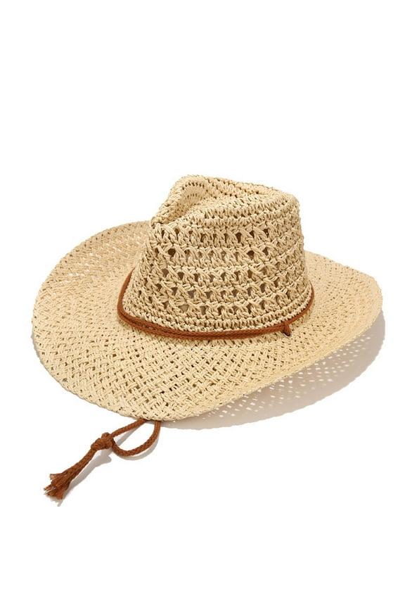 Straw Hats for Men with Wide-Brim Sun Protection Cowboy Visor Hat Mens Casual Solid Color Drawstring Breathable Summer Cap