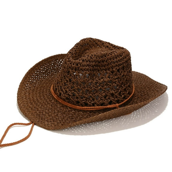 Straw Hats for Men with Wide-Brim Sun Protection Cowboy Visor Hat Mens Casual Solid Color Drawstring Breathable Summer Cap