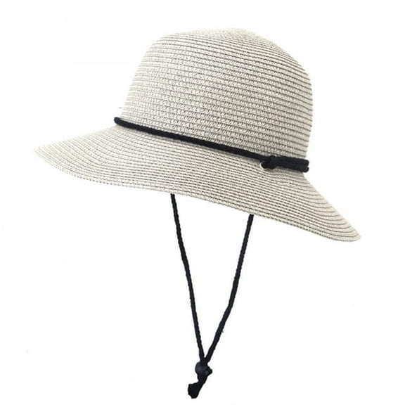Straw Hats for Women Lady Wide Brim Panama Fedora Cap Beach Hat with Wind Lanyard UPF 50 