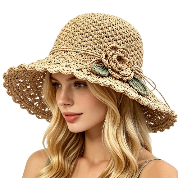 Straw Hats for Women Straw Weaving With Flowers Sun Hat Foldable Breathable Stylish Travel Beach Hats for UV Protection Khaki