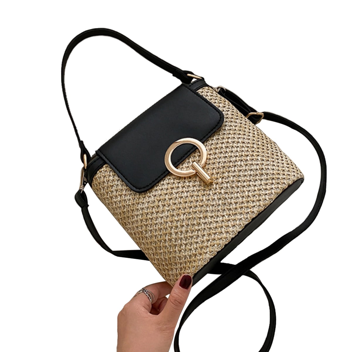 Straw Hobo Bag for Women Woven Shoulder Crossbody Bag Handbag Box Purse Small Totes for Beach Black