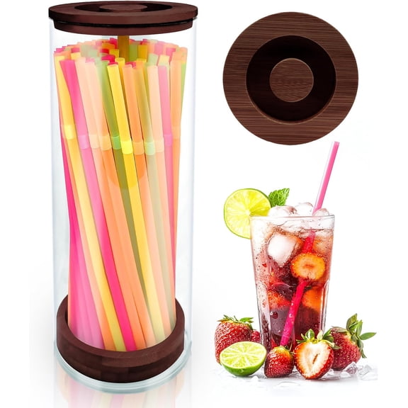 Straw Holder Dispenser for Counter,10-Inch Drinking Straw Dispenser with 100 Straws,Acrylic Straws Organizer with Bamboo Lid,Transparent Straw Storage Container for Kitchen,Pencils and Silverware