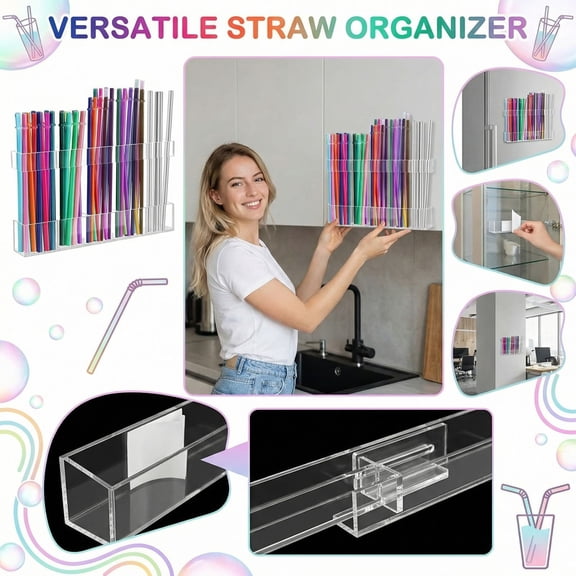 Straw Holder Wall Mounted Straw Organizer with Adhesive Adjustable Height Clear Drinking Straw Dispenser for Kitchen Coffee Bar Office Storage Rack