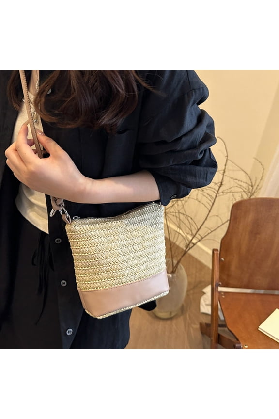 Straw Leather Patchwork Tote Crossbody Bag, Lightweight Durable Shoulder Bag for Outdoor Travel, Commuting, Daily Essentials, Mobile Phones, Keys, Fashionable and Portable Use