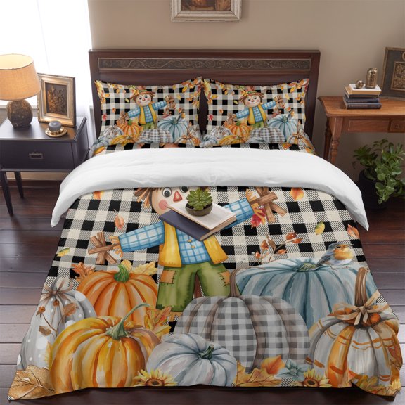Straw Man Fall Pumpkin Fallen Leaves Queen Size Bed Set,Thanksgiving Retro Black Check Bedding for All Seasons,4 Pcs Bed Set,1 Quiltcover (90"x90"),1 Sheet (90"x102"),2 Pillowcases (20"x30")
