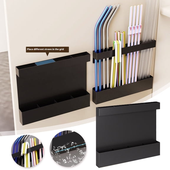 Straw Organizer for Kitchen - Reusable Straw Storage Holder with Double-Sided Adhesive Tape | Clear Acrylic Countertop & Cabinet Mount Dispenser | Compact Tumbler Straw Container with Dividers
