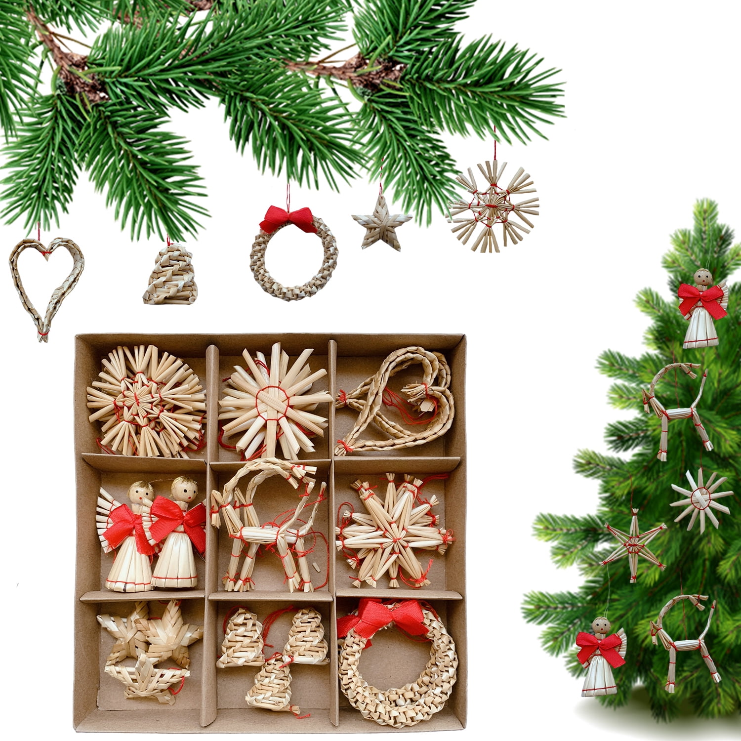 Vintage Scandinavian Christmas Ornaments Swedish Straw Horse Pine Cones  Basket