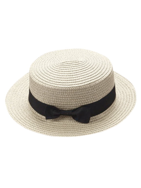 Straw Pork Pie Hat for Men Women Summer Flat Top Boater Hats Roll Up Short Brim Fedora Hat Dress Beach Sun Hats