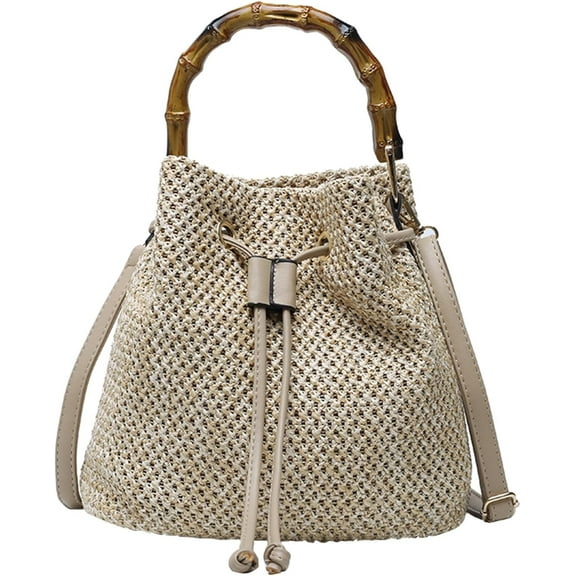Straw Purse for Women, Summer Straw Bucket Bag Trendy Hobo Bag Straw Shoulder Crossbody Handbags with Bamboo Handle