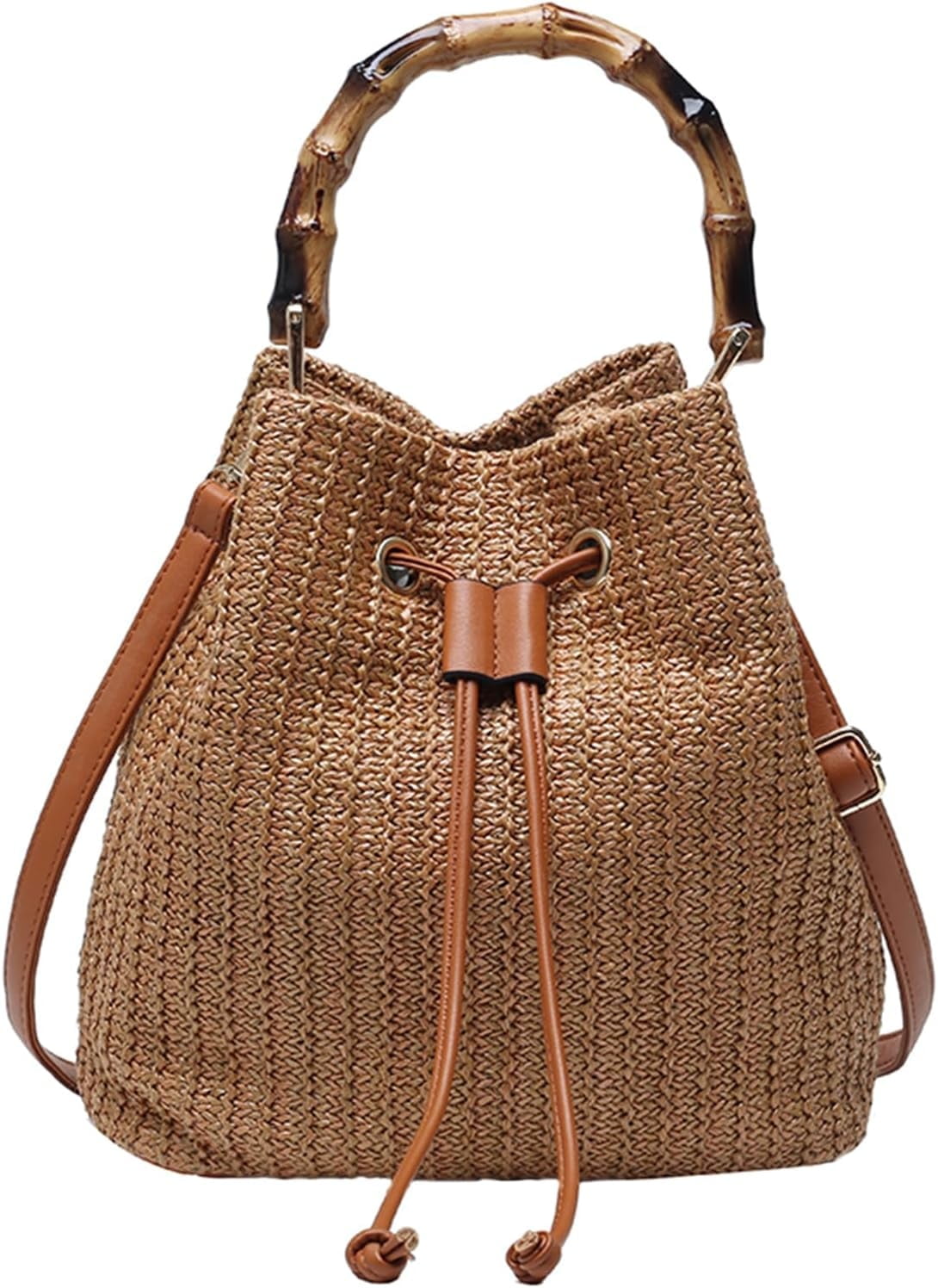 Straw Purse for Women, Summer Straw Bucket Bag Trendy Hobo Bag Straw Shoulder Crossbody Handbags with Bamboo Handle