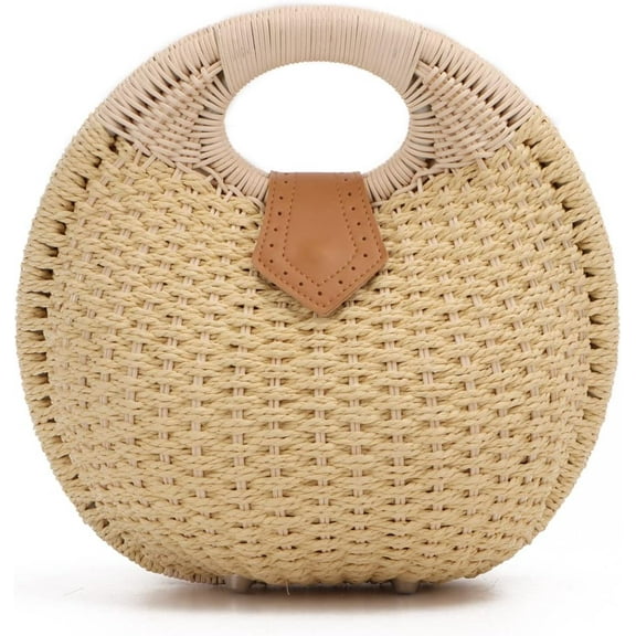 Straw Purses for Women Summer Beach Rattan Tote Bag Round Handle Ring Handbag Retro Handmade Woven Shell Bag
