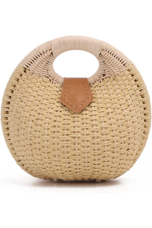 Straw Purses for Women Summer Beach Rattan Tote Bag Round Handle Ring Handbag Retro Handmade Woven Shell Bag