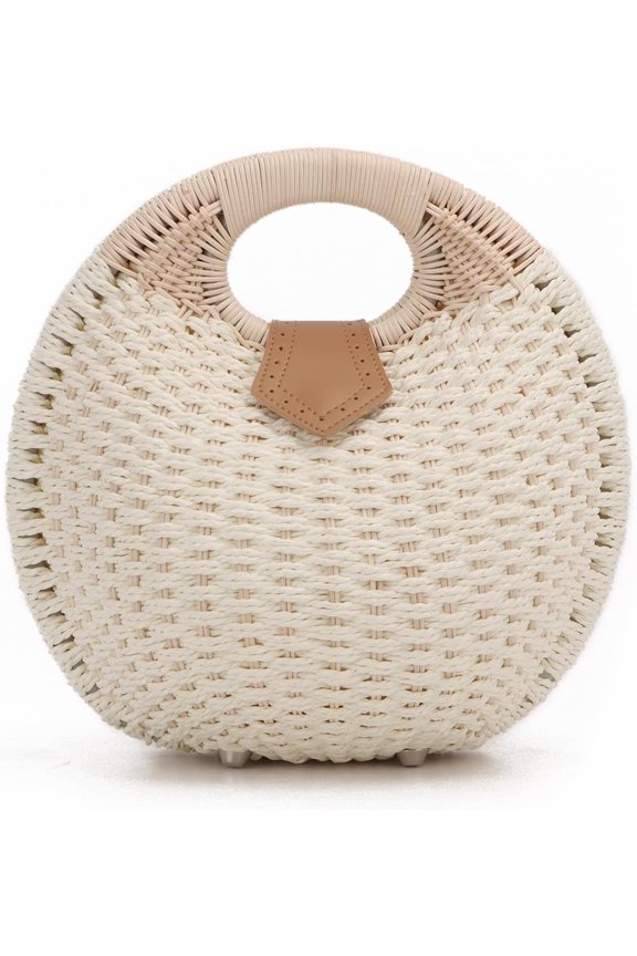 Straw Purses for Women Summer Beach Rattan Tote Bag Round Handle Ring Handbag Retro Handmade Woven Shell Bag