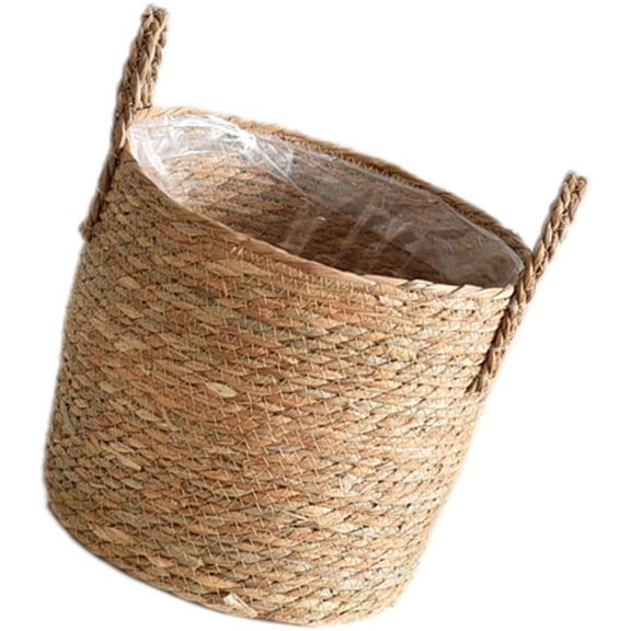 Straw Rattan Basket Woven Seagrass Planter Basket Weaving Flower Pot Cover Plant Container Vase Wicker Trash Can Garbage Bin Rattan Storage Organizer Bin Plant Pots Laundry Hamper,13.8''