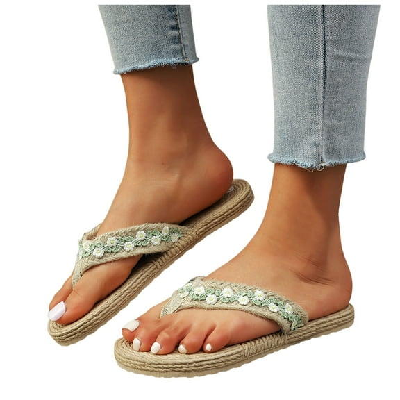 Straw Sandals for Women 2025 Boho Beach Summer Flower Flip Flops White Flats Slip on Dress Slides Slippers