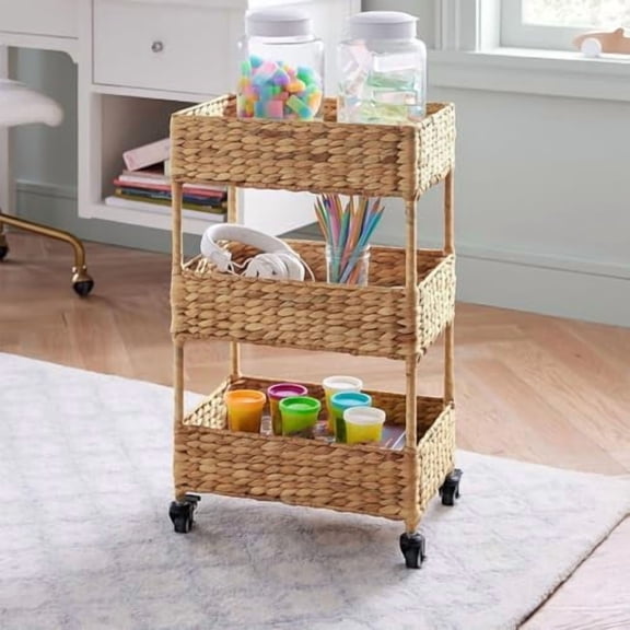 Straw Shelving 3 Tiers on Wheels, Hand Woven Floor Portable Laundry Room Organization, Tiered Basket Stand, Storage Cart for Living Room, Bedroom, Kitchen$$Home Decor, Kitchen, & Other