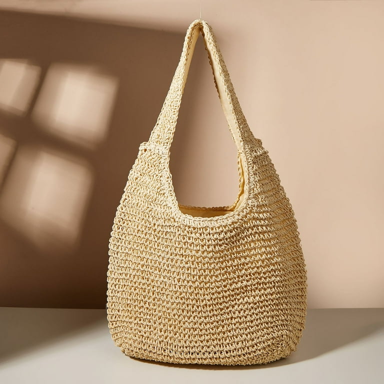 Straw Shoulder Bag Boho Straw Handle Tote Beach Bag Beige