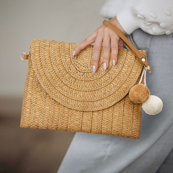 Straw Shoulder Bag Elegant Woven Straw Purse Handmade Woven Straw Bag Portable Woven Rattan Bag Woven Clutch Bag Woven Straw Bag with Two Balls for Women Travels