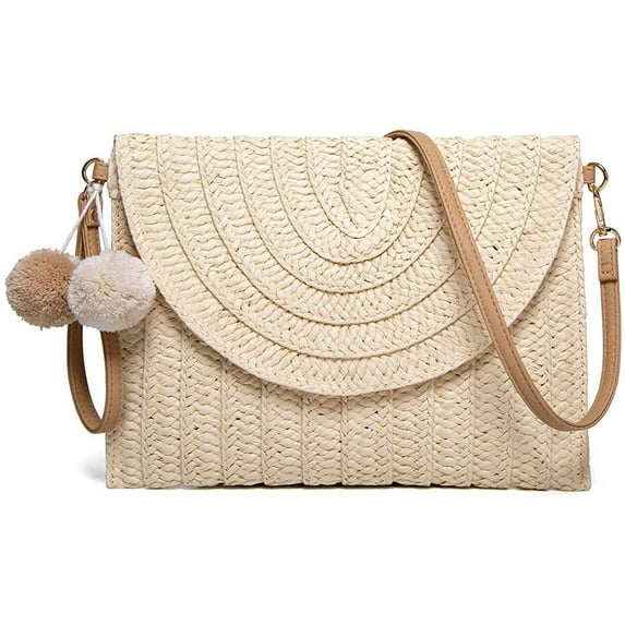Straw Shoulder Bag Straw Clutch Women Hand-Woven Pompom Straw Crossbody Bag Summer Beach Envelope Purse Wallet